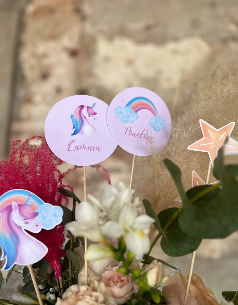 Baptism cake topper with name and unicorn graphics created in Desenzano del Garda by la favola bianca