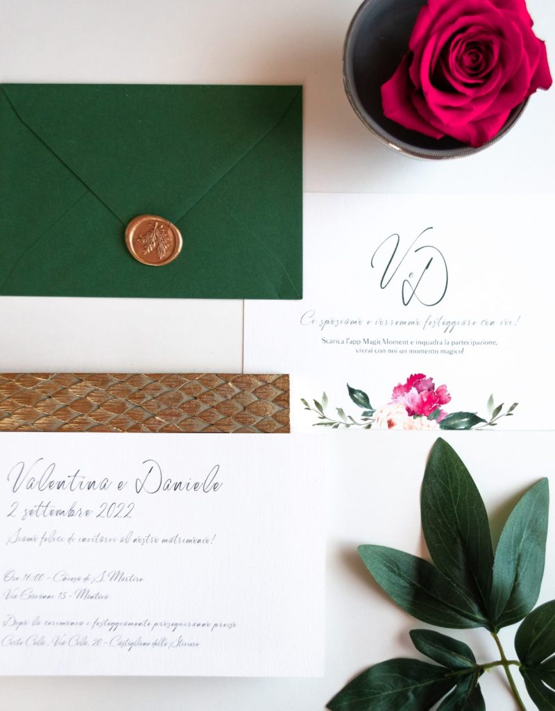 Partecipazione di matrimonio con illustrazioni botaniche eleganti e minimali realizzata a Desenzano del Garda da la favola bianca
